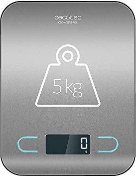 Cecotec Báscula de Cocina Digital de Alta Precisión CookControl. Plataforma de Acero inoxidable, Antihuellas, Diseño extraplano, Pantalla LCD, Capacidad máxima de 5 kg, Precisión de 1g