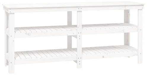 vidaXL Werkbank, Tisch für Werkstatt Garage, Arbeitstisch mit viel Stauraum, Werkstatttisch Werktisch Holztisch, Weiß Massivholz Kiefer