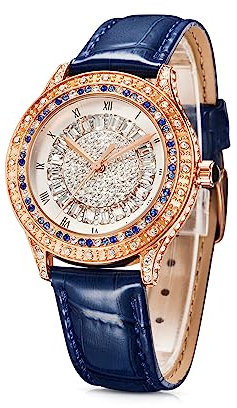 TIME100 Uhr Damen Elegant Modisch mit Kristallen Edelstahl Stilvoll Goldenes Gehäuse Edel mit Blauem Zifferblatt und Römischen Ziffern Wasserdicht (Edelblau)