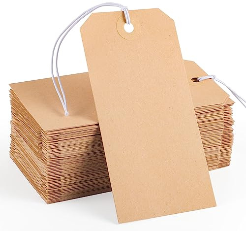 100pcs Brown Paper Shipping Tags with Elastic Rope Large Marking Hanging Paper Tags Attached Reinforced Hole Writable Price Tag Inventory Gift Tag 4.76'' x 2.36''