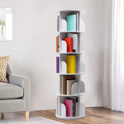 HAPPCUCOE 5 Tier Rotating Bookshelf Tower, Revolving 360 Book Shelf Narrow Tall Bookcase, Revolving Bookcase, Stackable Round Bookshelf Organizer,Corner Book Shelf for Small Space (White, 5-Tier)