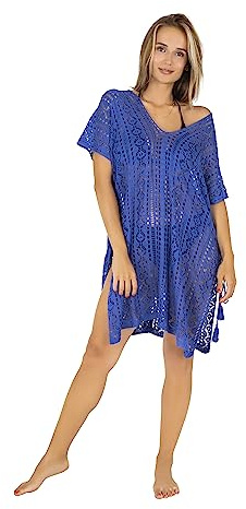 Gräfenstayn Strandkleid Damen gestrickt - Oeko-Tex Standard - Perfekt als Strandponcho oder Cover-up Bikini, Badeanzug - Strandtunika (L-XL blau)
