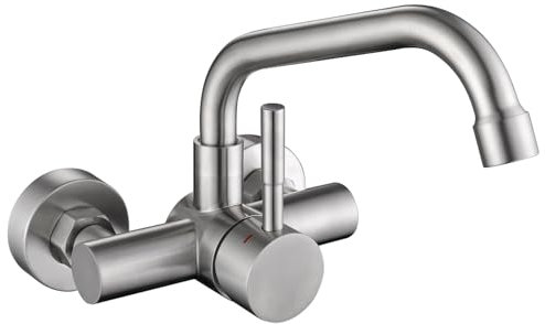 Tondiy Grifo Cocina de Pared 11 cm Orificio de Montaje, Grifería de Fregadero Rotación de 360°, Mezclador Monomando de Acero Inoxidable 304, Aireador Extraíble, Agua Fría y Caliente