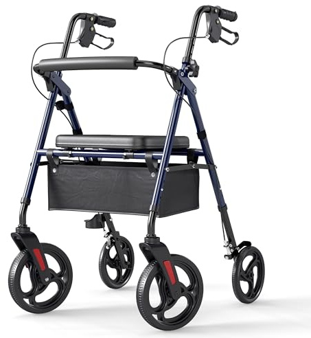 ELENKER Rollator Walker with 10” Wheels, Sponge Padded Seat and Backrest, Fully Adjustment Frame for Seniors, Blue