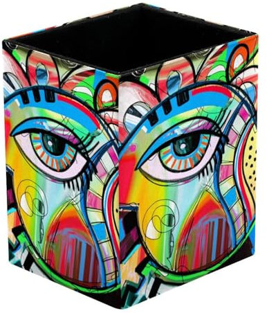 Eslifey Pen Holder Square Pencil Holder for Desk, Abstraction Doodle Bird Eye Digital Painting Pen Pot Pen Cup Makeup Brushes Holder Stand Display Desk Stationery Organiser for Home Office School