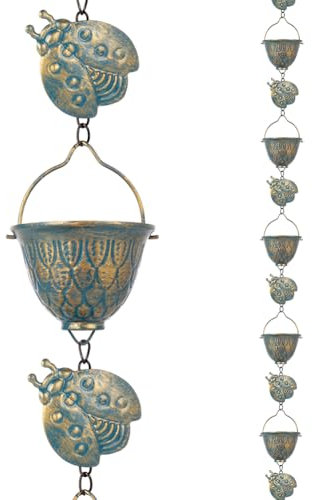 Qipade Chaîne de pluie de 2,7 m, chaînes de gouttière en métal avec 12 tasses et décoration coccinelles amovibles, chaîne attrape-pluie réglable avec cloche pour décoration extérieure, remplacement