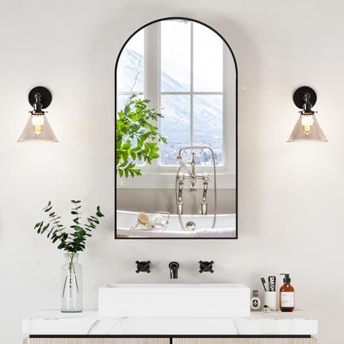 Mepplzian Spiegelschrank Bogen Badezimmerschrank, 50x12x90 cm, Schwarz | Mit Spiegel, Hängend, Drei Glas-Einlegeböden, Für moderne Badezimmer