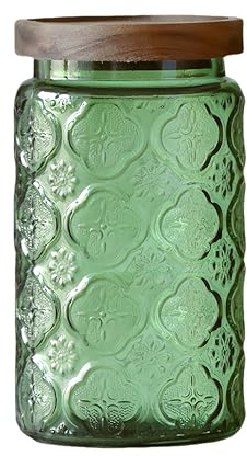 ANSQU Vintage Glass Storage Container, Green Glass Jar with Solid Wood Lid, 34 FL OZ Decorative Jar for Kitchen Storage Cabinets for Coffee, Jam, Nuts, Candy, Cookie, Pet Foods (Green Begonia)