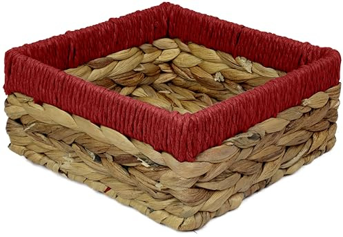 Small Water Hyacinth Square baskets for storage. Natural with Red edges for shelves open hamper decorative gift mini tray make up Kitchen organiser (1 x Pack, medium 18cm)