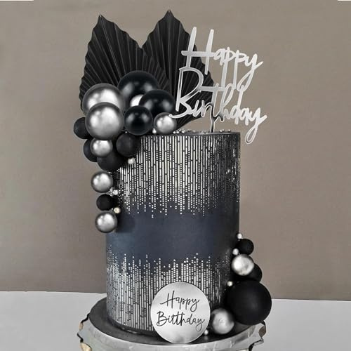 26er Set Tortendeko Kugeln Schwarz und Silber, Palmenblätter Schwarz, Happy Birthday Cake Topper für Geburtstag, Hochzeit, Valentinstag
