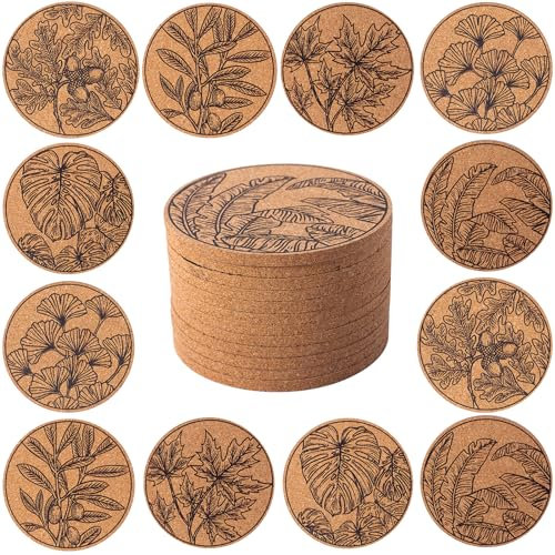 STARUBY 12 Pcs Cork Coasters for Drinks, Coffee Table Absorbent Kitchen Dining Room Decoration 10cm Leaves