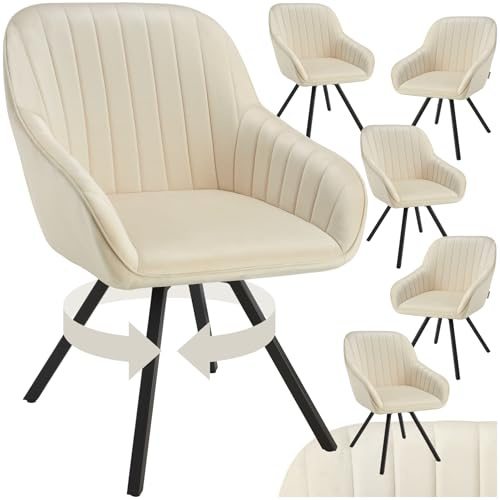 tectake® drehbare Esszimmerstühle mit Armlehne, Schalenstuhl ergonomisch mit Samt Bezug, gesteppt, Stühle drehbar für Wohnzimmer, Esstisch, Arbeitszimmer, Schminktisch, Küchenstühle - 6er Set, Creme