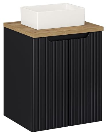 Lomadox Badezimmer Waschtisch 50cm, schwarz mit Eiche, gerillte Front, wandhängend, Keramikwaschbecken