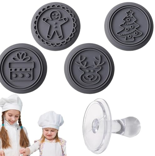 Set di timbri per biscotti natalizi | 4 stampini per biscotti in silicone | alci, scatola, alberi di Natale, uomini di pan di di qualità alimentare con servizio per biscotti in rilievo