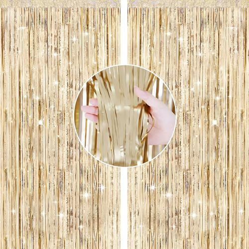 LIURFLNC 2 Stück Lametta Vorhang, 1X2m Champagner Gold Lametta, Lametta Vorhang Gold Dekovorhäng, Fransen Lametta Gold für Abschlussfeier Hochzeitsfoto Hintergrund Weihnachten Disco Party