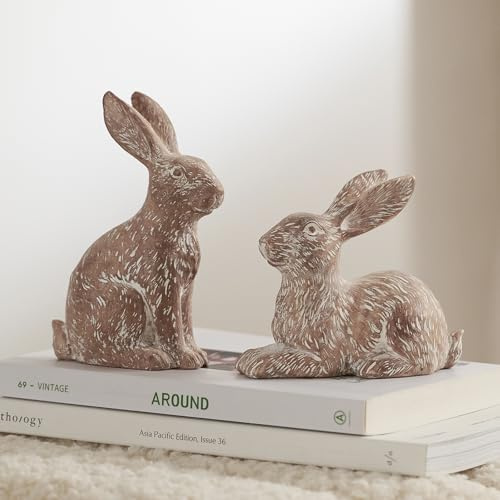 DN DECONATION Zwei Sets Osterhasen Figuren aus Harz, Braune Hase Deko für Figur und Osterdekoration, Modernes Osterhasen Figuren Set für Tisch, Fensterbank und Regal, Ostern Dekor, Geschenkidee