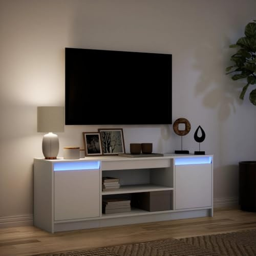 Festnight Meuble TV LED Banc TV 140 cm Meuble télé Table TV Meuble de Salon Table Television Salon Meubles pour audio/vidéo-Blanc-139.5 cm