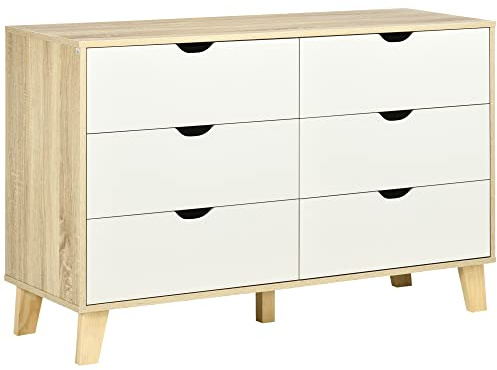 HOMCOM Commode 6 Tiroirs Meuble de Rangement 120 x 40 x 76 cm Chêne Blanc