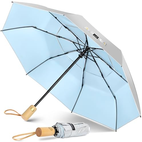 ZOMAKE Regenschirm Kompakt UV Schutz,Sonnenschirm Tragbar Automatik Mit Doppelter Abdeckung,Klein Taschenschirm Sturmfest Mit Holzgriff Für Herren Damen(Silber Hellblau-Doppelt)