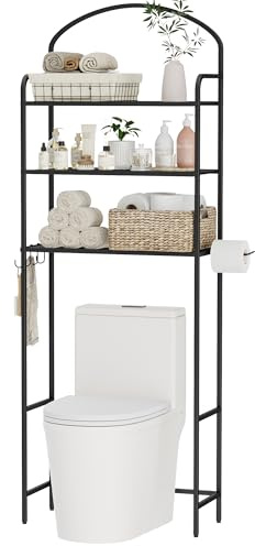 Cerlyunzan 3 Tier Over The Toilet Storage Rack, Bathroom Organizer | Toilet Storage with 4 Hooks & Paper Holder, Space-Saving, Freestanding Bathroom Shelf, Metal, Black