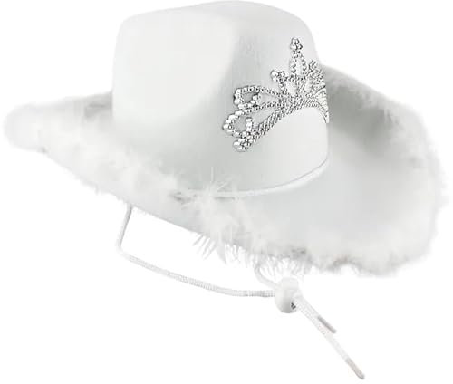 WickedFun® Weißer Cowboyhut mit Flaumbesatz für Damen und Herren, Deluxe, breite Krempe, Uni, Erwachsene, texanischer Cowgirl-Hut, Kostümparty-Zubehör