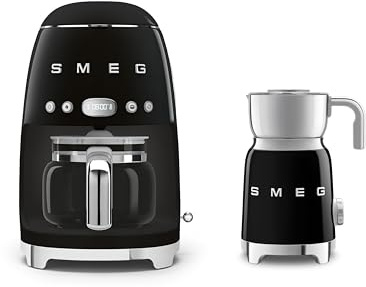Smeg EEJB297 Retro Kitchen Set, 1.4L Drip Coffee Machine and Induction Milk Frother, DCF02BLUK + MFF11BLUK, Black