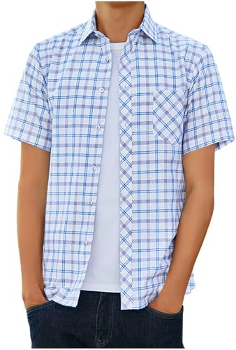 UHouse Chemise Homme Manches Courtes Vetement à Carreaux D'Été Chemises Leger Décontracté Chemisette Respirant Habit Col Mao Court Fin Cut Button Down Shirt