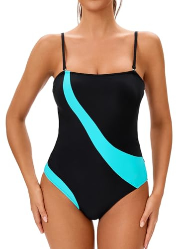 meioro Baddräkt Dam Magkontroll, Badmode Push up Baddräkter med Avtagbara och Förformade Mjuka Kupor, Endelad Tankini Sexig Simdrakt Endelad Swimsuits for Sport, Svart och blå, L