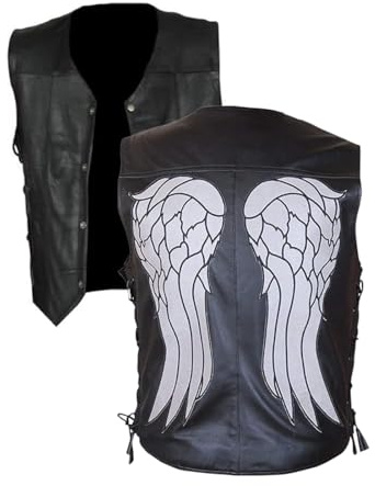 Daryl Dixon - Gilet in vera pelle con ali d'angelo, per motociclisti, equitazione, club, Halloween, cosplay, Nero - Finto, XS