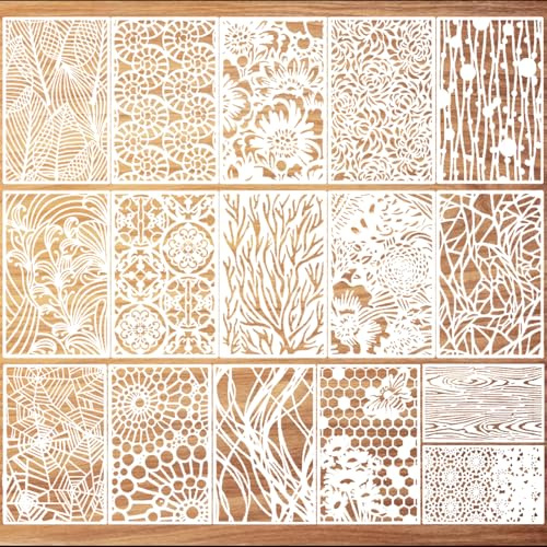 EDLMKM 16Pcs Stencils for Crafts Reusable, Floral Lace Layering Stencil, Mixed Media Stencils for Painting, Grains Flower Templates Spider Web Layering Spray Paint Stencil Kit