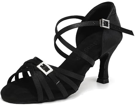 GYUBL Women's Black Satin Latin Dance Shoes Ladies Salsa Swing Modern Ballroom Dancing Practice Heels 7,5cm Heel,5.5UK