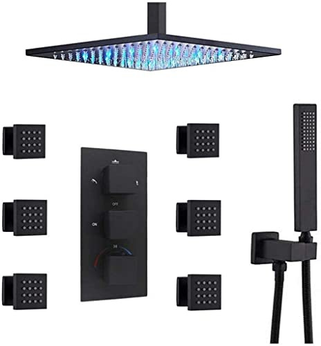 QYZUJIKL Duschsystem, Thermostatisches, Mattschwarzes Messing, 10-16 Zoll, Led-Deckenmontage, Regenduschkopfsystem Mit 6 Körpersprays Und Handbrause-Kombiset, 10 Zoll