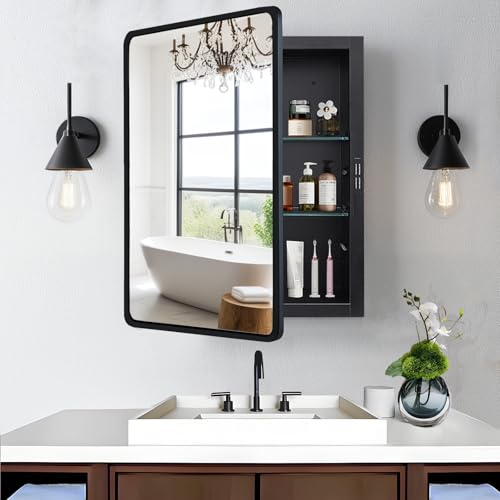 KIMREAL Black Medicine Cabinet 20x26 inch, Bathroom Mirror with Storage, Recessed or Wall Mounted Farmhouse Cabinets, Metal Framed Adjustable Shelves, One Door Open Left or Right