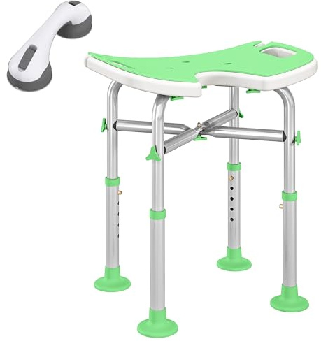 HOMCOM Height Adjustable Shower Stool, Suction Grab Rail, Green