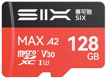 SIX Scheda micro SD M200 da 128 GB, lettura fino a 190 MB/s per registrazione continua 4K UHD, scheda di memoria microSDXC A2, U3, V30, da 128 GB, con adattatore per action camera, droni, console di
