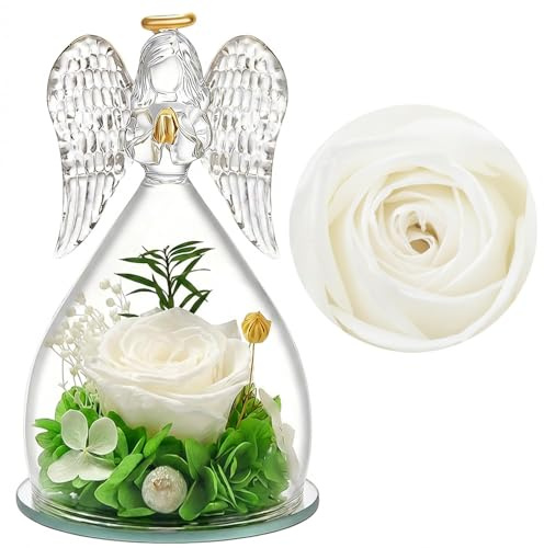 FIGCY Rose Éternelle sous Cloche en Verre Ange, Rose Stabilisée, Cadeau Femme pour Fête des Mères, Anniversaire, Maman, Grand-mère, Petite Amie (Blanc)