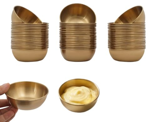 Mqwdxzfes® 50 Stück Edelstahl 304 Saucieren, Mini Dip-Schalen Set, Saucenbecher Kleine Gewürzschälchen, Stapelbare Saucenschälchen Dipbecher Schüsseln für Soße Sushi Catering, 8,3 cm (Gold)