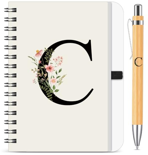 BBTO Personalisiertes Notizbuch mit Initiale C, Florales B6 Spiralnotizbuch mit Bambus Stift Set Tagebuch Geschenk für Schule Freundin Schwestern Frauen Kollegen Weihnachten Geburtstag Abschluss
