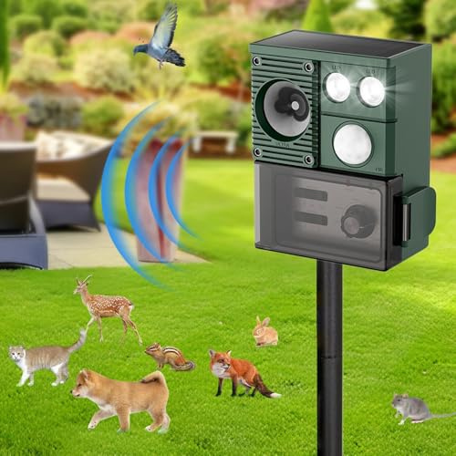 Repelente Solar de Gatos para Jardines Reino, Ahuyentador de Zorros Ultrasónico para Exteriores con Sensor de Movimiento PIR, EspantaAnimales Impermeable de Gran Angular de 110°, 6 Modos de