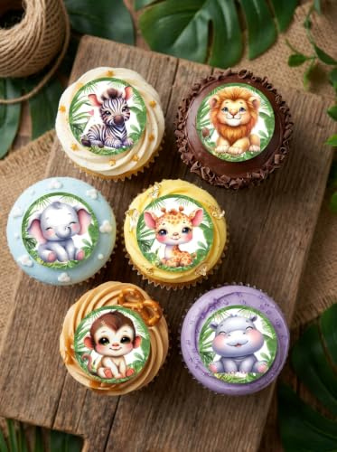 Anglesit Pre-Cut Safari Animals Edible Rice Wafer Paper Cupcake Toppers Cake Decorations Kawaii Jungle Animal Birthday Baby Shower Party