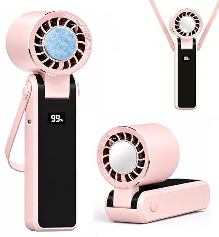 JYPS Portable Handheld Fan with Ice Cooler & LED Display, 5 Speeds(1-199), USB Rechargeable Battery Personal Fan, 3-in-1 Hand & Desk Foldable Mini Neck Fan, Home/Travel/Outdoor/Instant Cooling(Pink)