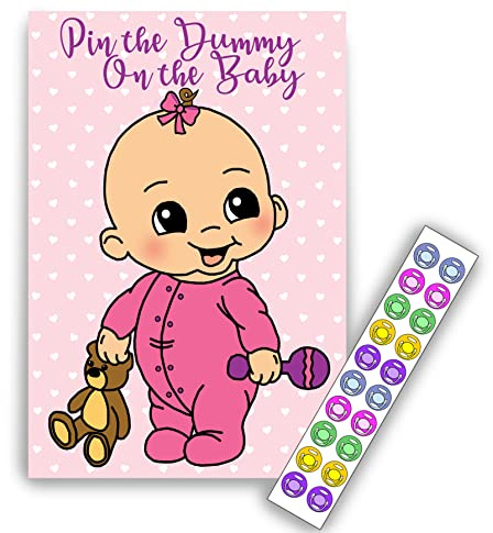 Pin the Dummy on the Baby - Pink/Girl- 20 Players - Baby Shower Party Game!