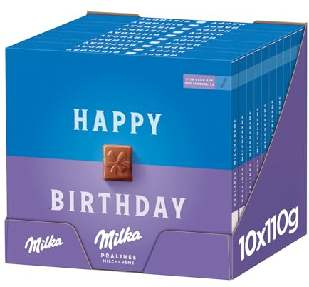 Milka Happy Birthday Pralinen, 110 g (10er-Pack) | Einzigartige Pralinen in Geschenkform mit Milchcrèmefüllung, umhüllt von zarter Milka Alpenmilch Schokolade