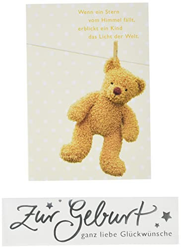 Perleberg Basic Classic Geburtskarte - Teddy auf Leine - 11,6 x 16,6 cm