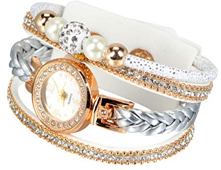 Hemobllo Strass Uhr Armband Kristall Armbanduhren Geflochtene Armbanduhr Luxus Quarz Armbanduhren für Frauen Weiß