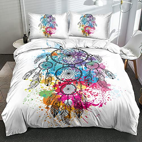 Chanyuan Traumfänger Bunt Bettbezug 135x200 cm, 2 Teilig Weiß Bettwäsche Set Hypoallergen Weich Mikrofaser Exotisch Stil Federn und Blumen Muster mit Kissenbezug 80x80 cm