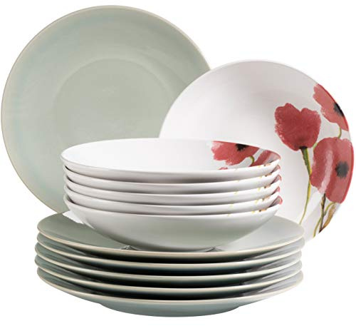 MÄSER Ossia Aguarela 931928 Lot d'assiettes pour 6 personnes au look vintage partiellement décoré, 12 pièces, 6 assiettes plates en turquoise clair et 6 assiettes creuses avec décor, coquelicot et