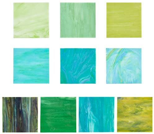 PandaHall 10 Hojas Vidrio de 10 Colores 10x10cm Grandes mosaicos de Vidrio de Catedral Azulejos de Mosaico de Variedad Verde y Azul para proyectos de Pasatiempos de Vidrio y mosaicos