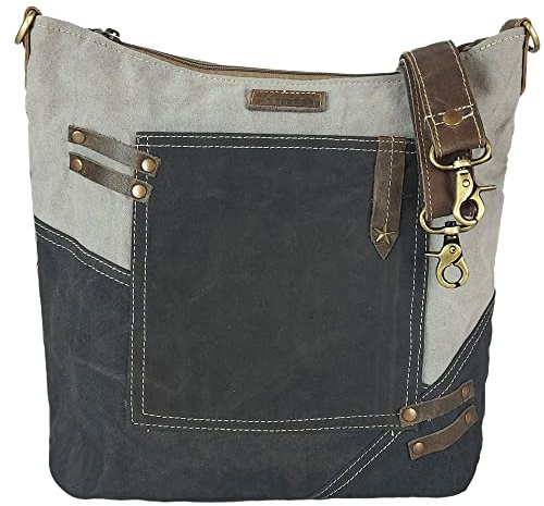 Sunsa Damen Umhängetasche. Canvas Schultertasche mit Leder. Große Vintage Crossbody Tasche. Schwarze Nachhaltige Handtasche als Geschenkideen für Frauen | Mittelgroße Vintage Crossbody Bag. A4 geeignete Handtasche mit viel Platz für Handy Gelbörse & Tablet, für Arbiet & Freizeit