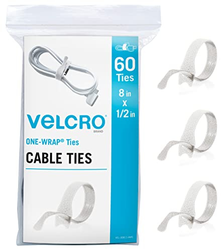 VELCRO Brand White Cable Ties Heavy Duty | 60Pc Bulk Pack | 8 x 1/2 ONE-WRAP Straps | Strong Reusable Wire Management | Cord Bundling for Home Office and Data Centers (Packaging May Vary)